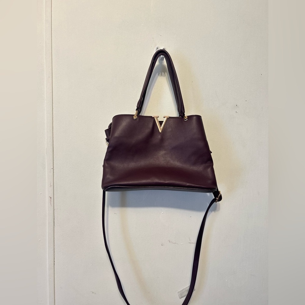 Burgundy Structured Satchel Bag Gold V Top Handle Crossbody Purse - Picture 2 of 12